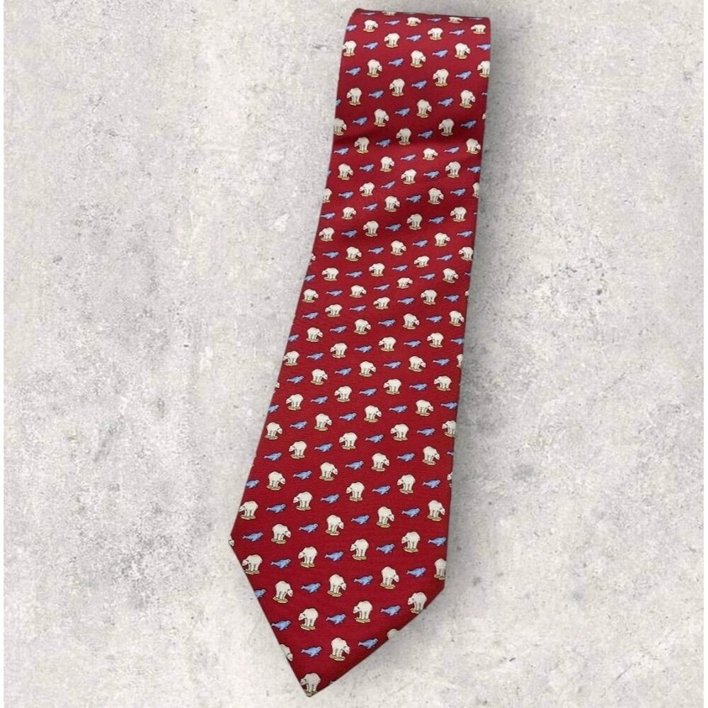 BROOKS BROTHERS Silk Tie USA Red Polar Bear Seal W:3.7" EUC
